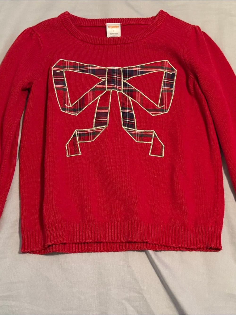 Gymboree Christmas Red 100% Cotton Sweater with Plaid Bow Graphic, Size 7